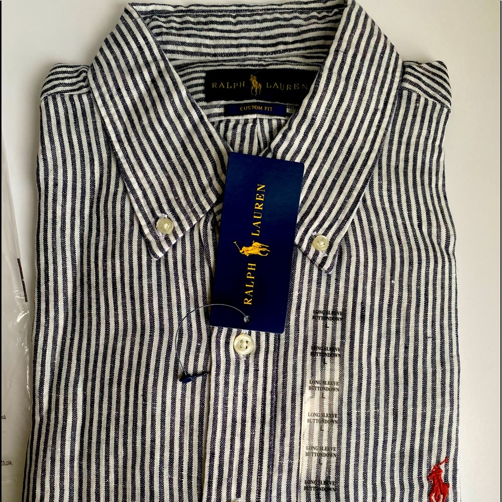 Polo Men's Linen Stripes Navy \ White Color Long -Sleeve